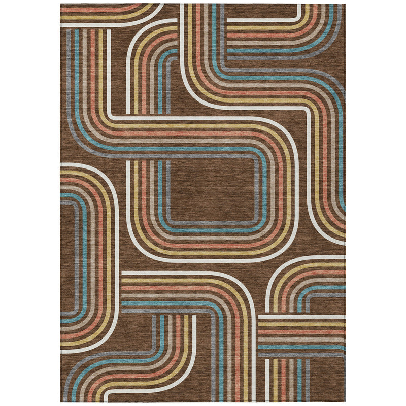 Square area rug with abstract geometric loop pattern in brown, ivory, blue, and coral