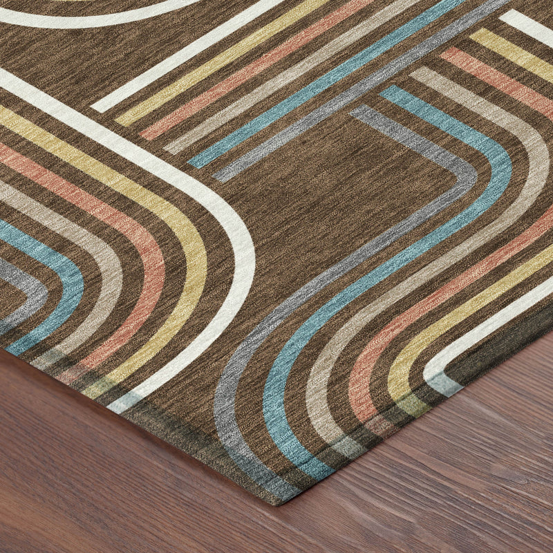 Area rug corner view with stacked wave lines in brown, ivory, teal, coral, and gray
