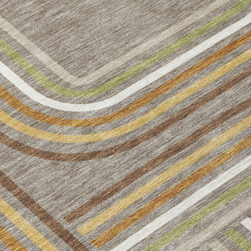 Geometric area rug corner, taupe ground with ivory, yellow and green curved stripe lines