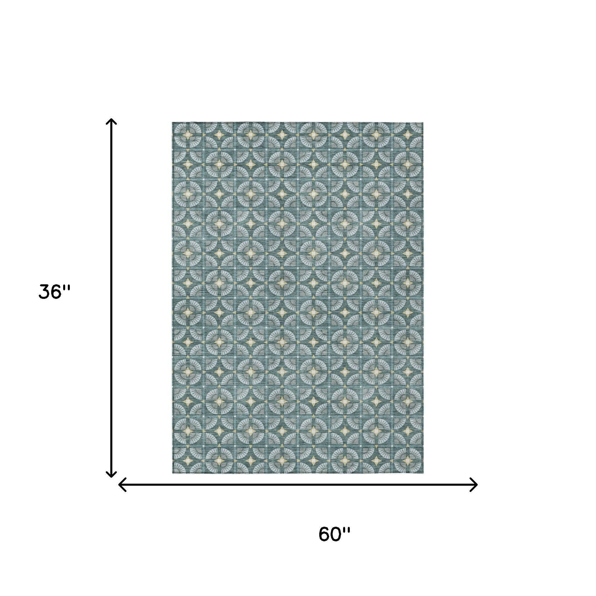 3' X 5' Teal Blue And Sky Blue Geometric Washable Indoor Outdoor Area Rug - Sports & Outdoor