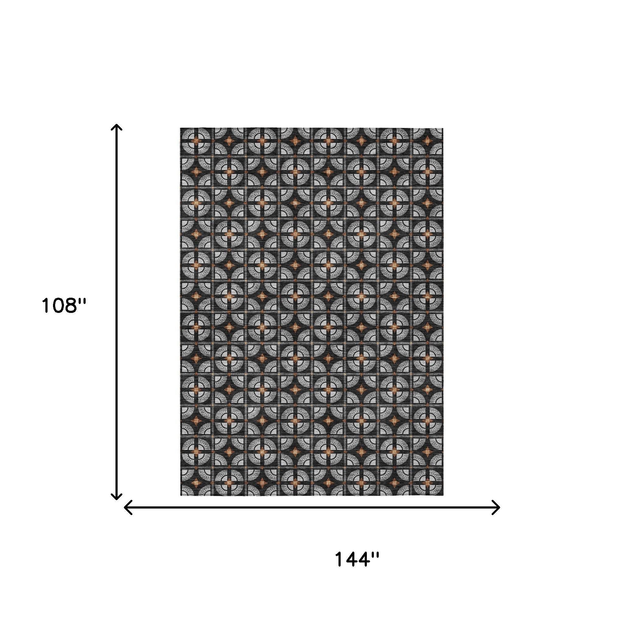 Black and gray vintage tile-patterned area rug, 144" x 108", intricate design perfect for modern home decor.