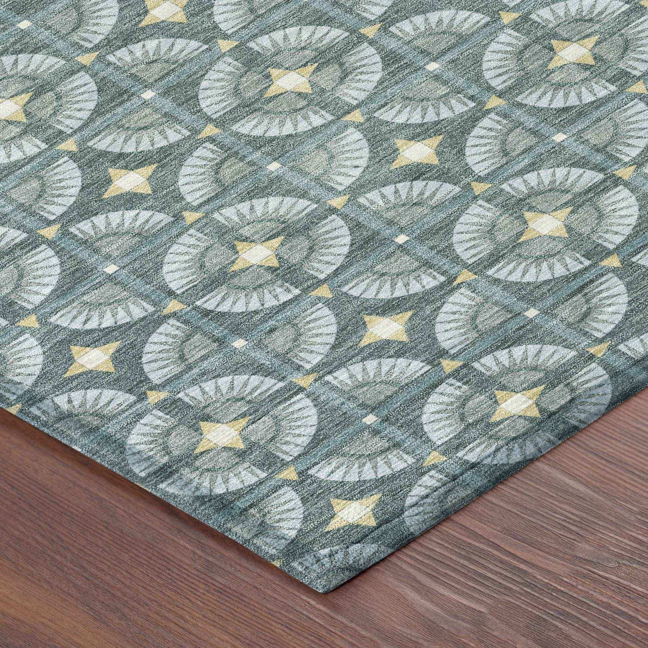 8' X 10' Teal Blue And Sky Blue Geometric Washable Indoor Outdoor Area Rug - Outdoor