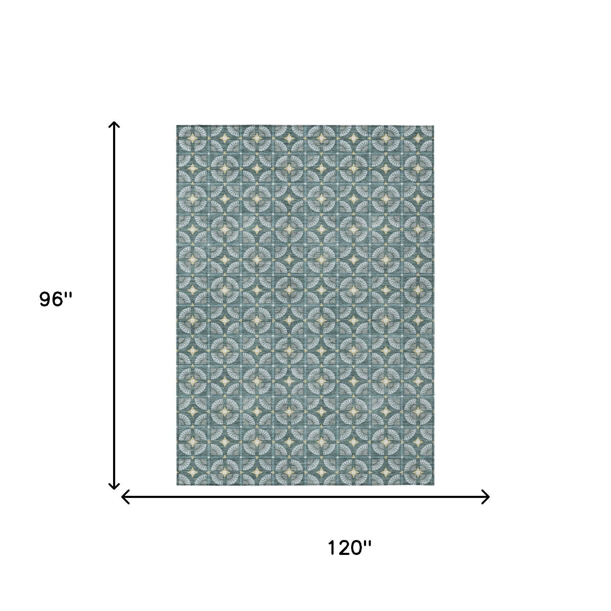 Blue and cream geometric patterned area rug, 96x120 inches, indoor/outdoor durable material, modern style.