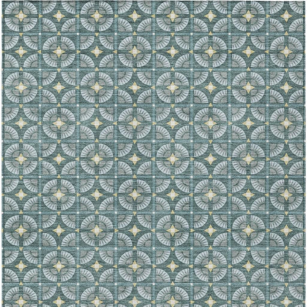 Blue and cream circular patterned area rug, featuring intricate geometric designs, perfect for modern decor.