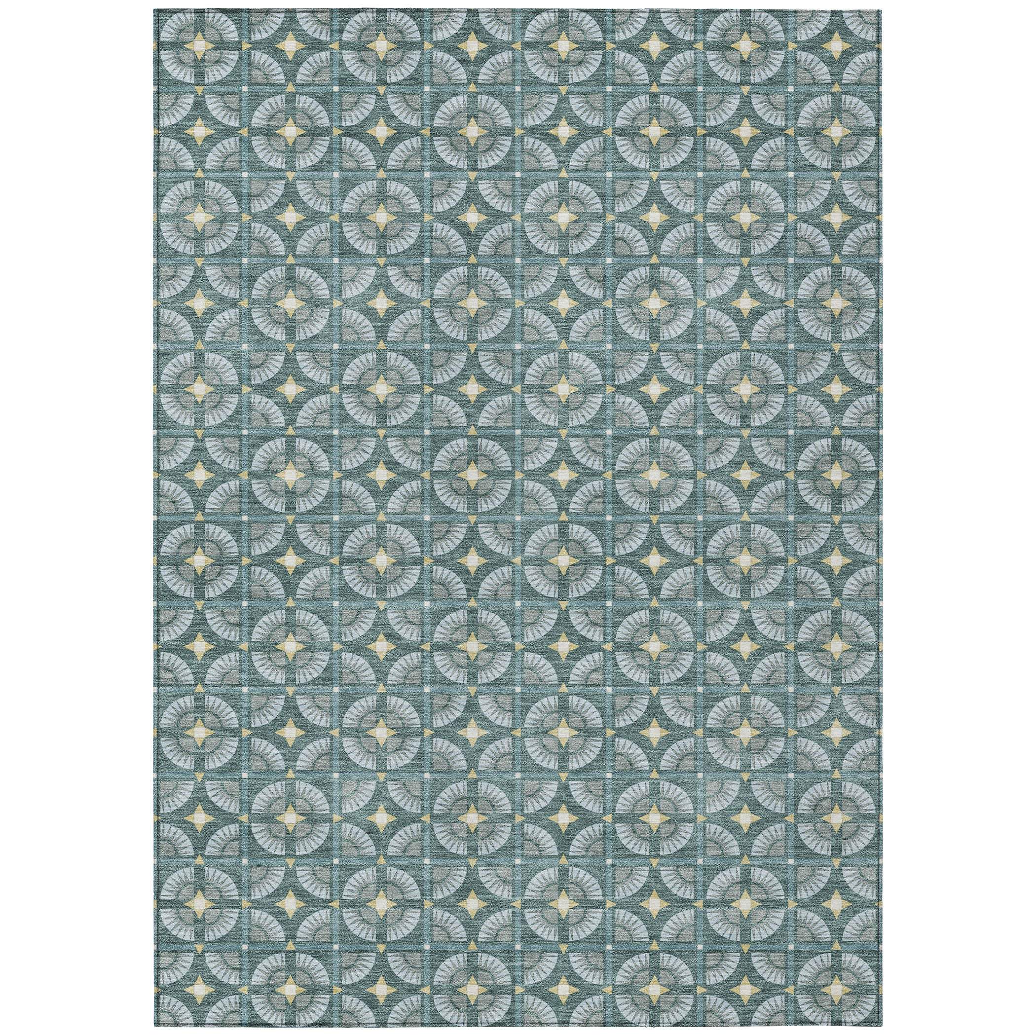 Blue and cream geometric patterned area rug, soft synthetic material, stylish for modern and contemporary decor.