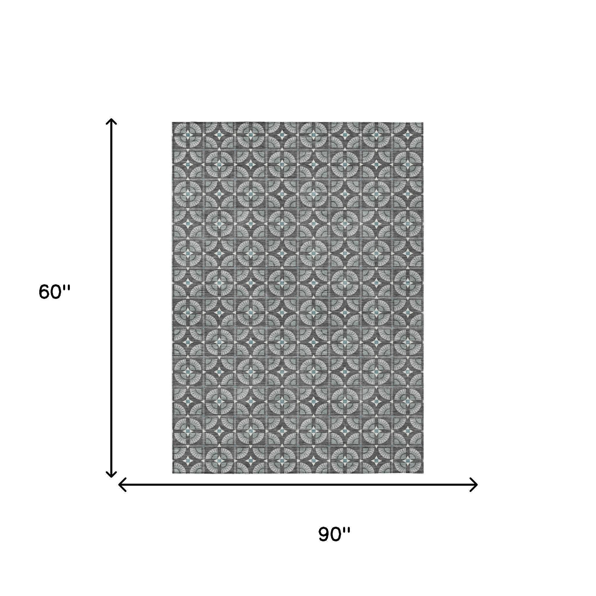 5' X 8' Charcoal And Silver Geometric Washable Indoor Outdoor Area Rug - Sports & Outdoor