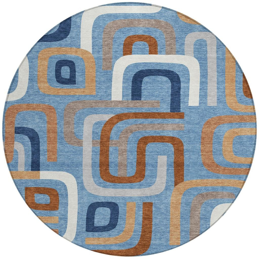 8' Denim Blue And Copper Round Geometric Washable Indoor Outdoor Area Rug - Sports & Outdoor