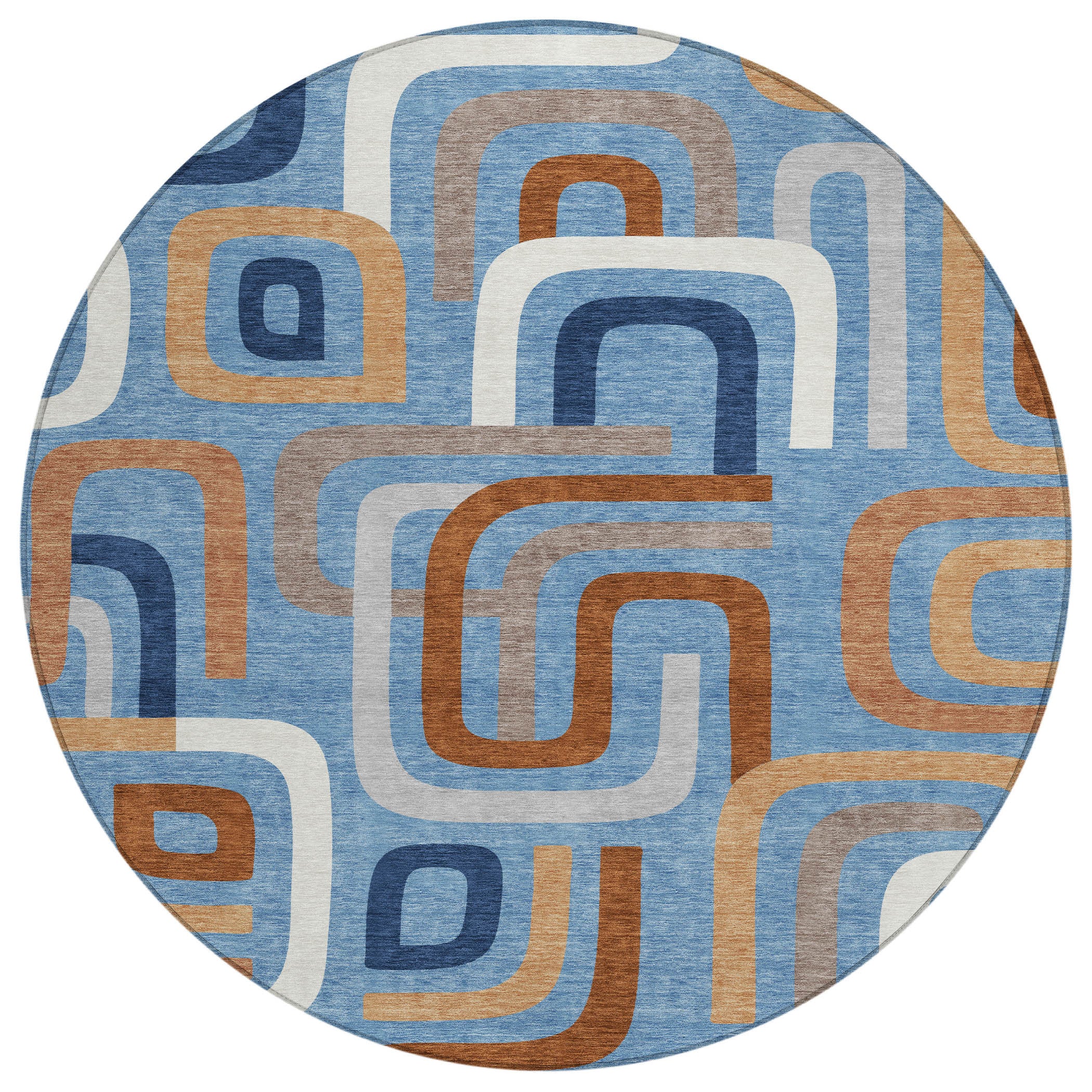 8' Denim Blue And Copper Round Geometric Washable Indoor Outdoor Area Rug - Sports & Outdoor