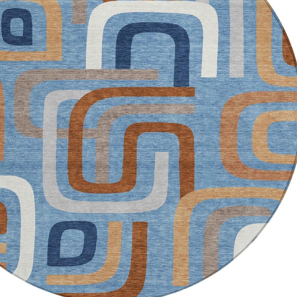 8' Denim Blue And Copper Round Geometric Washable Indoor Outdoor Area Rug - Sports & Outdoor