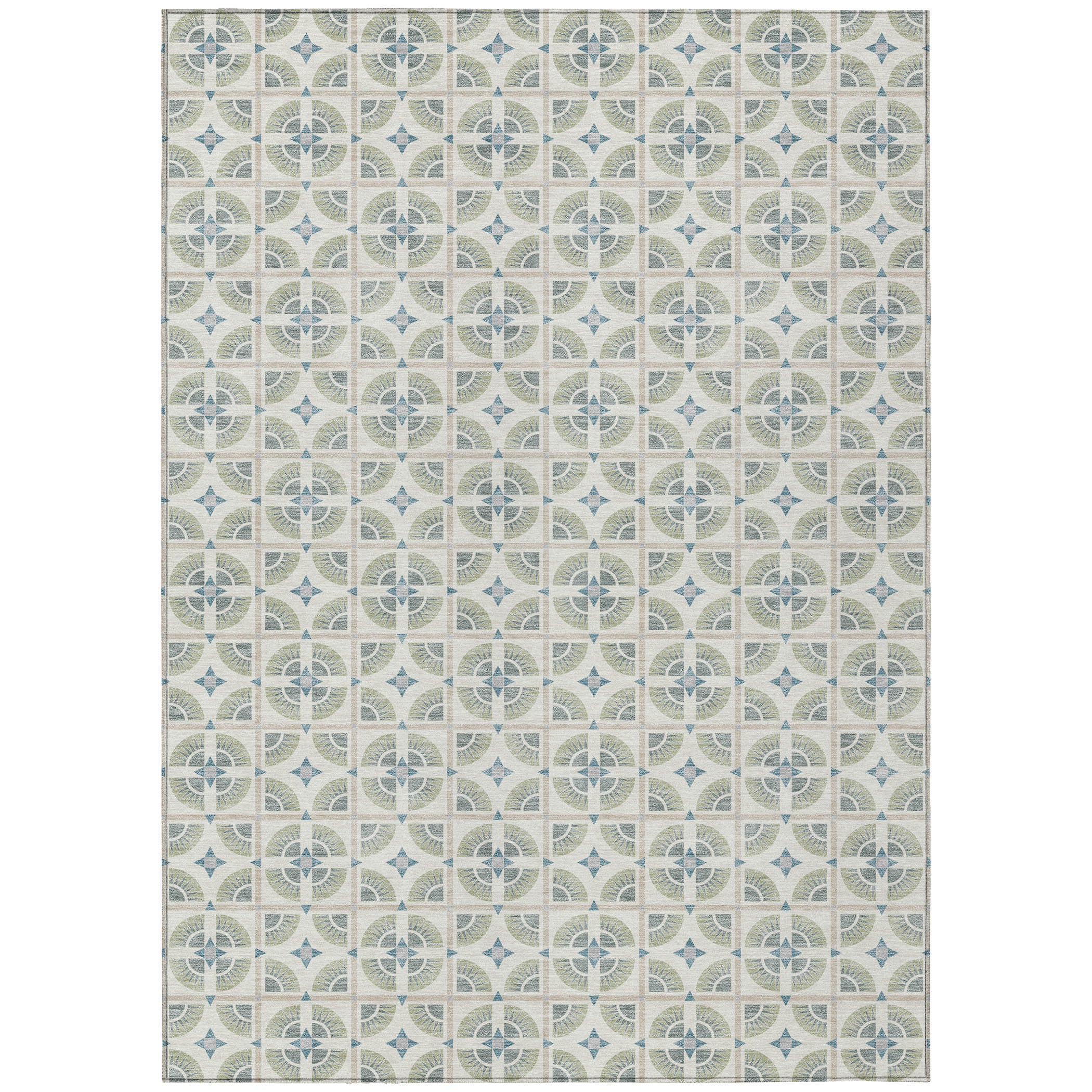 Blue and gray geometric patterned area rug featuring intricate designs on a light cream background.