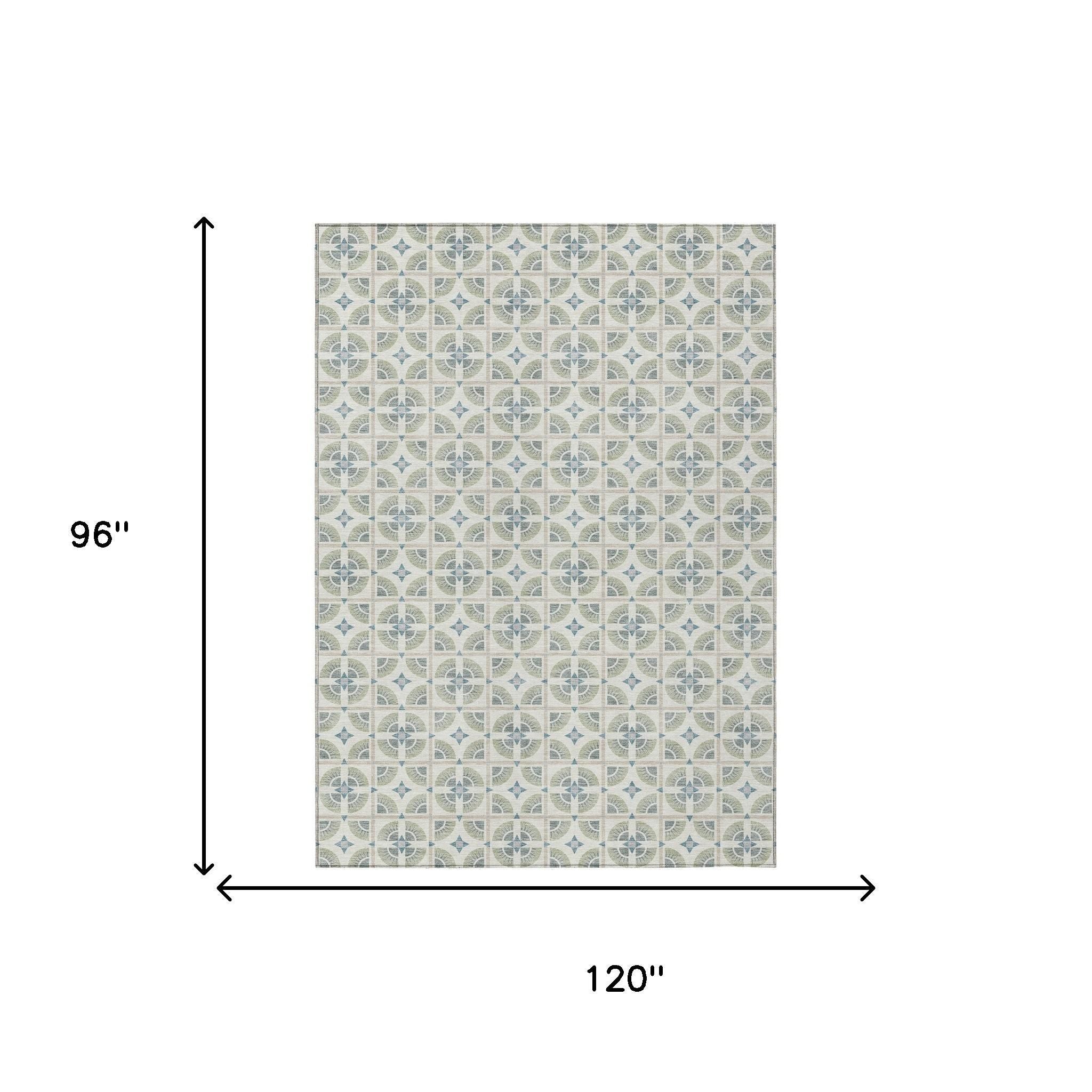 Blue and gray vintage-style patterned vinyl tablecloth, 96" x 120", perfect for indoor or outdoor dining.