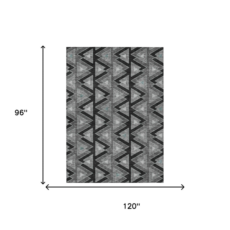 120" x 96" black and gray geometric rug, rectangular zigzag arrow pattern.
