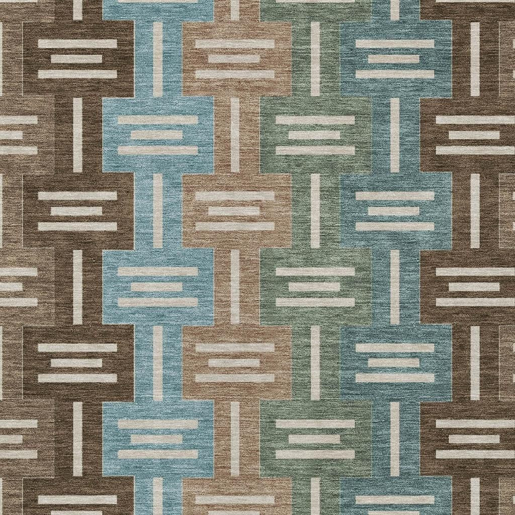 Multicolor geometric area rug in brown, blue, and green with a modern design. Soft, durable synthetic material.