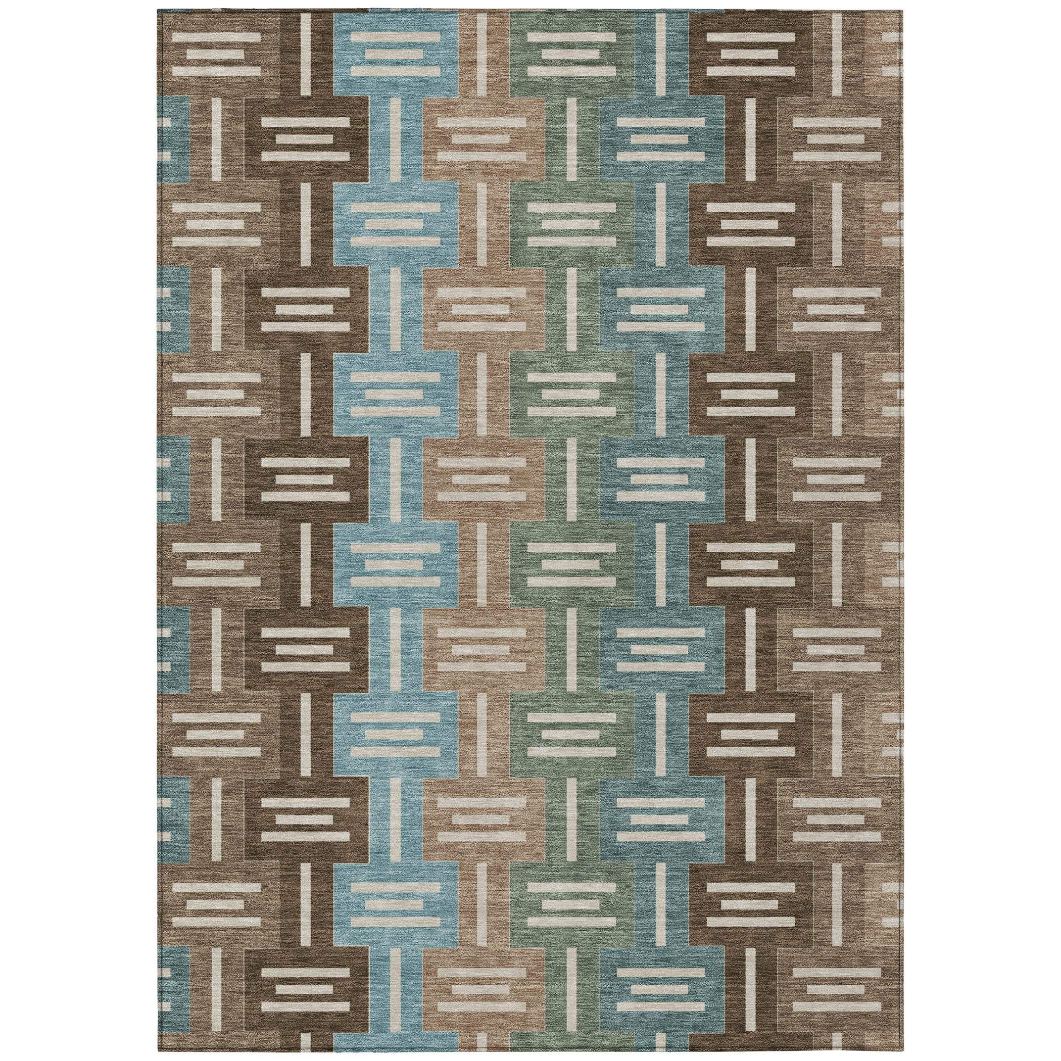 Multicolored geometric area rug in blue, brown, and beige, featuring a modern pattern on durable fabric.