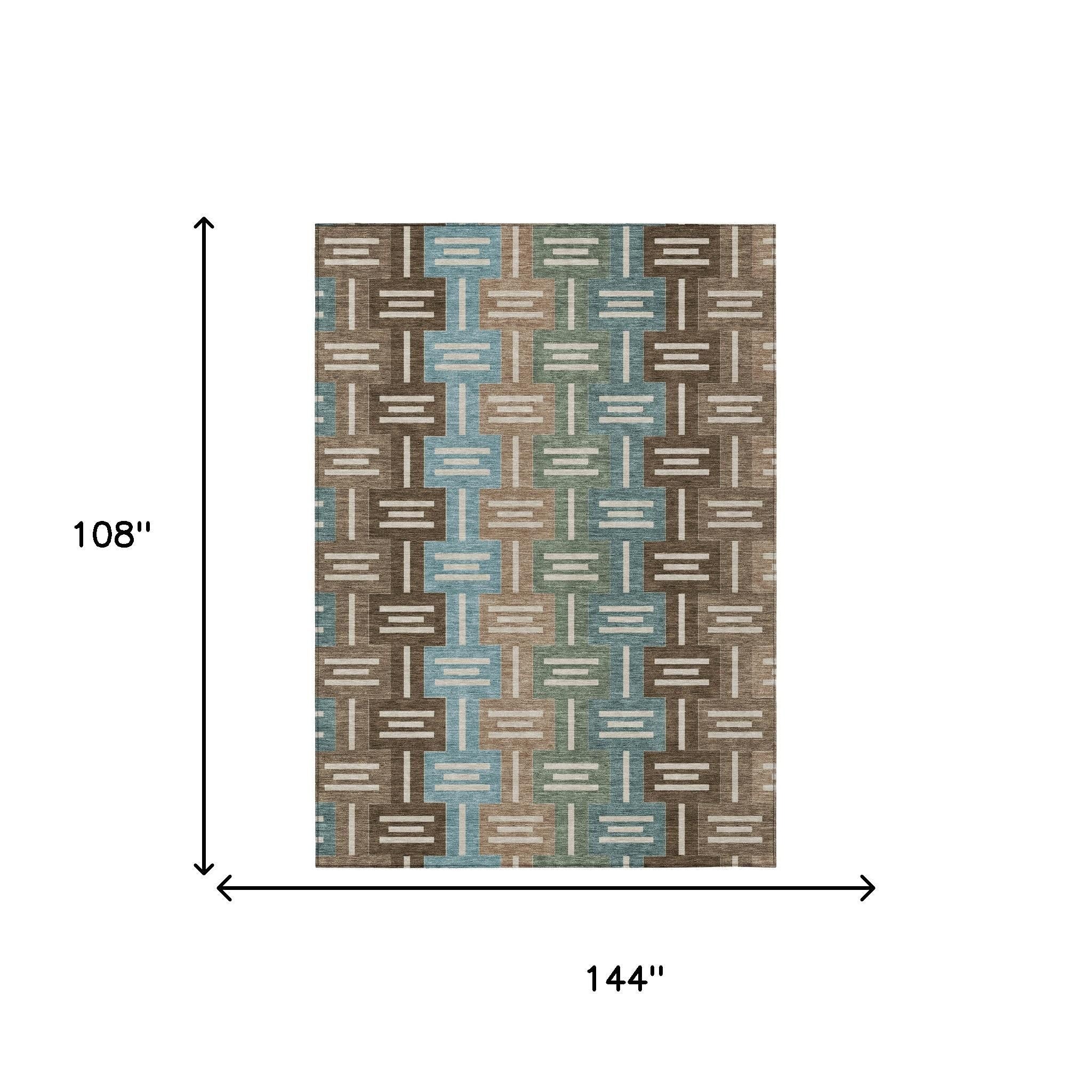9' X 12' Brown And Chocolate Geometric Washable Indoor Outdoor Area Rug - Outdoor