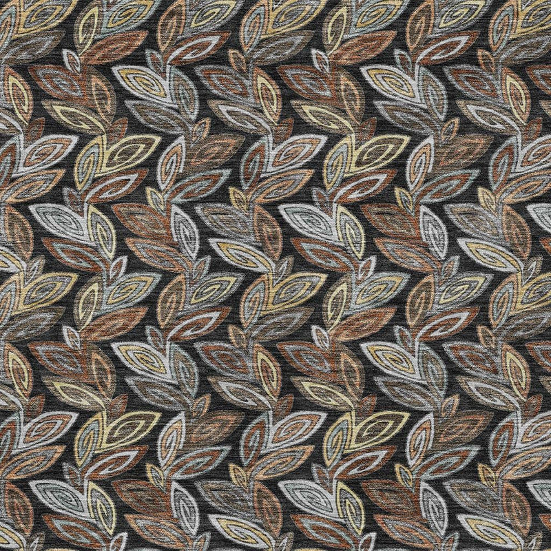 Charcoal gray botanical leaf area rug with multicolor highlights, full pattern close-up