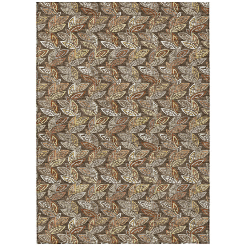 Leaf botanical area rug shown flat against a white background in brown and tan