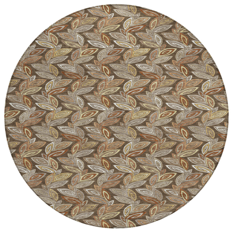 96-inch round botanical leaf area rug with taupe background and rust and olive leaf pattern