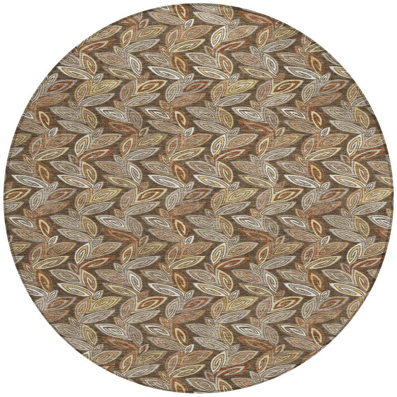 Round botanical leaf area rug, taupe ground with brown, rust, and olive leaf pattern, 96-inch