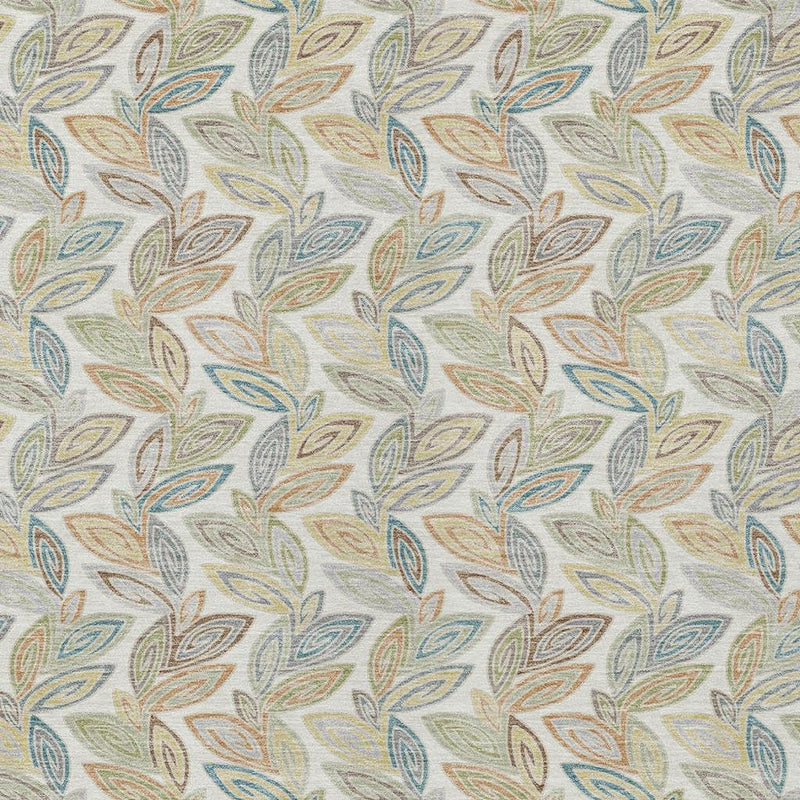 Ivory area rug with repeating botanical leaf pattern in beige, blue, green, and orange details.
