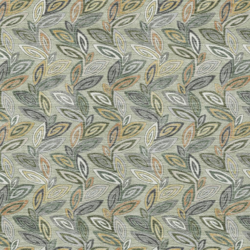 Botanical leaf area rug, repeating leaf pattern on gray ground with green and warm accents