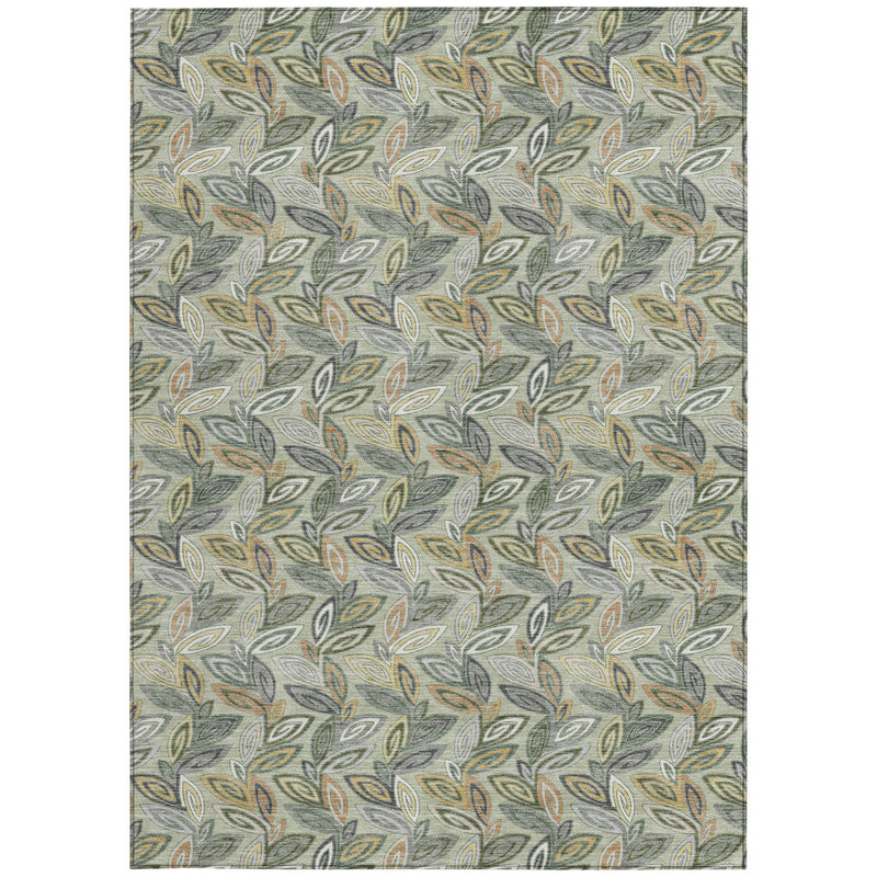 Botanical leaf area rug, flat top view; gray with green and multicolor leaf design