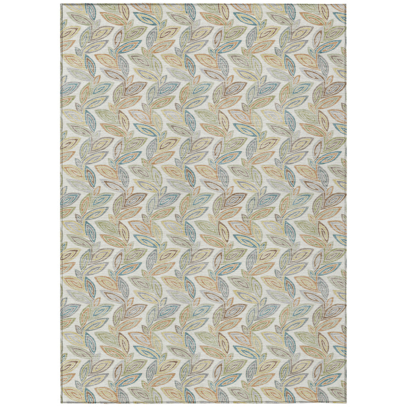 Ivory area rug with repeating botanical leaf pattern in blue, green, and tan.