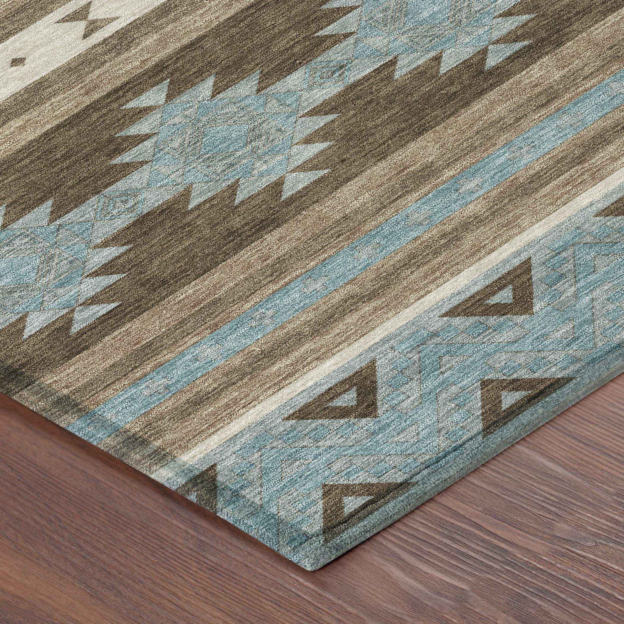 5' X 8' Chocolate And Teal Blue Southwestern Washable Indoor Outdoor Area Rug - Outdoor | blocked-missing-media,…