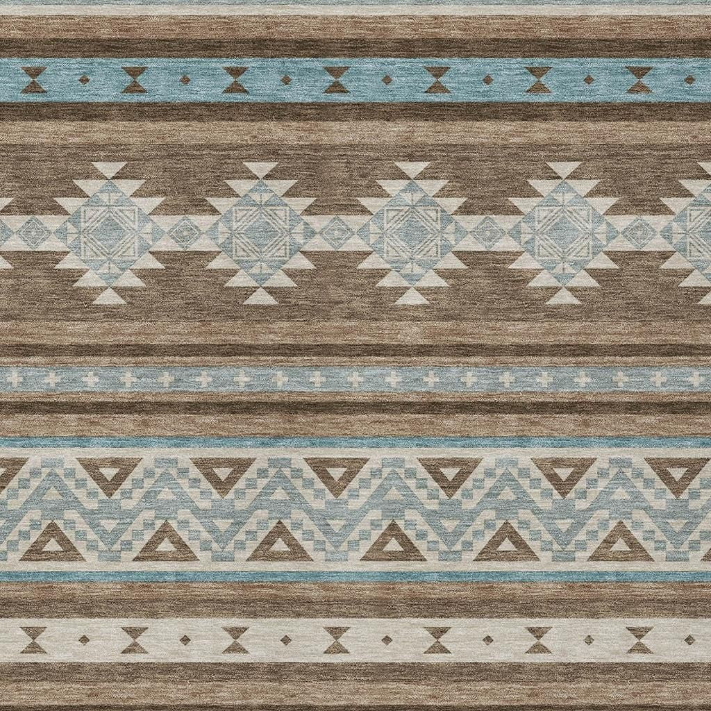 5' X 8' Chocolate And Teal Blue Southwestern Washable Indoor Outdoor Area Rug - Outdoor | blocked-missing-media,…