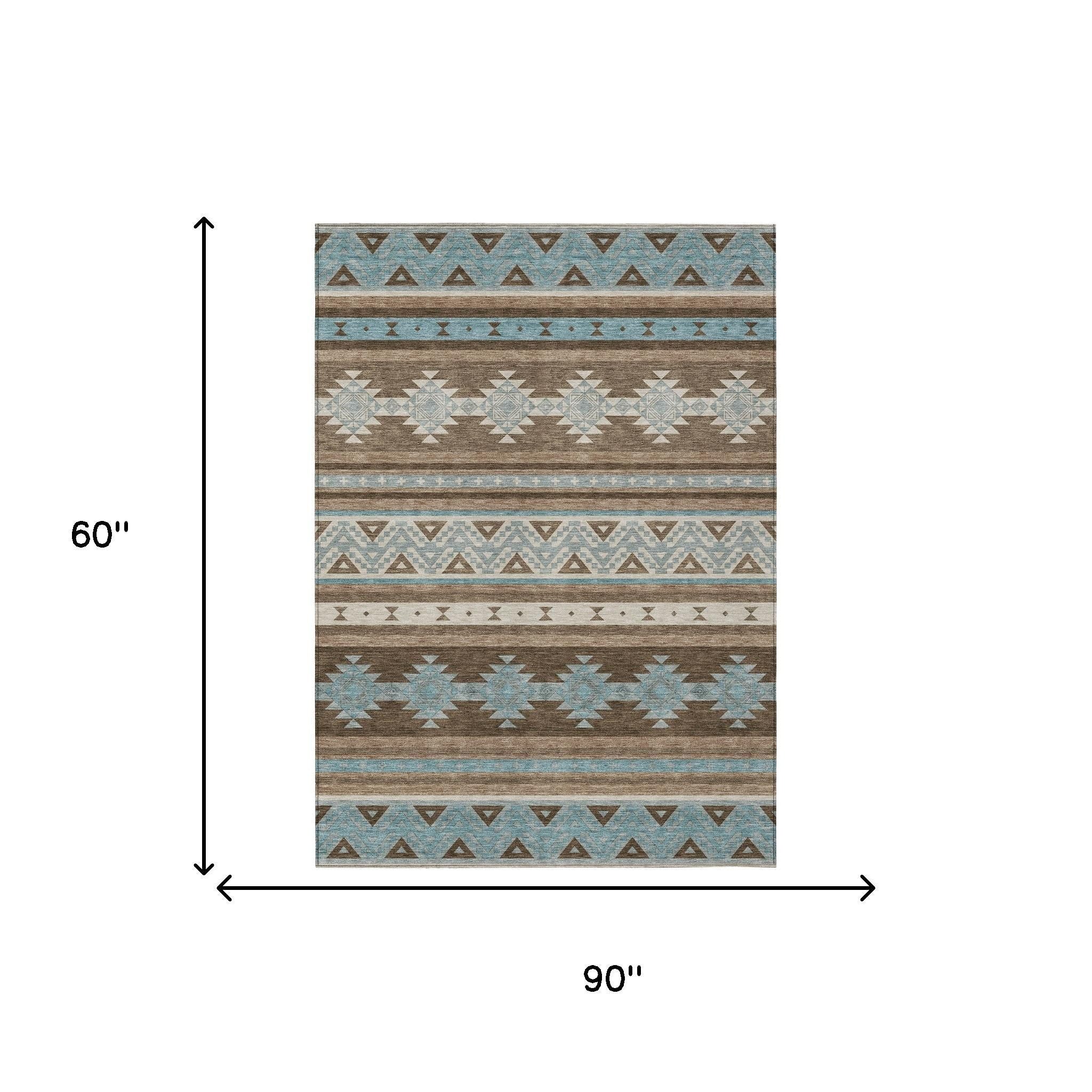 5' X 8' Chocolate And Teal Blue Southwestern Washable Indoor Outdoor Area Rug - Outdoor | blocked-missing-media,…