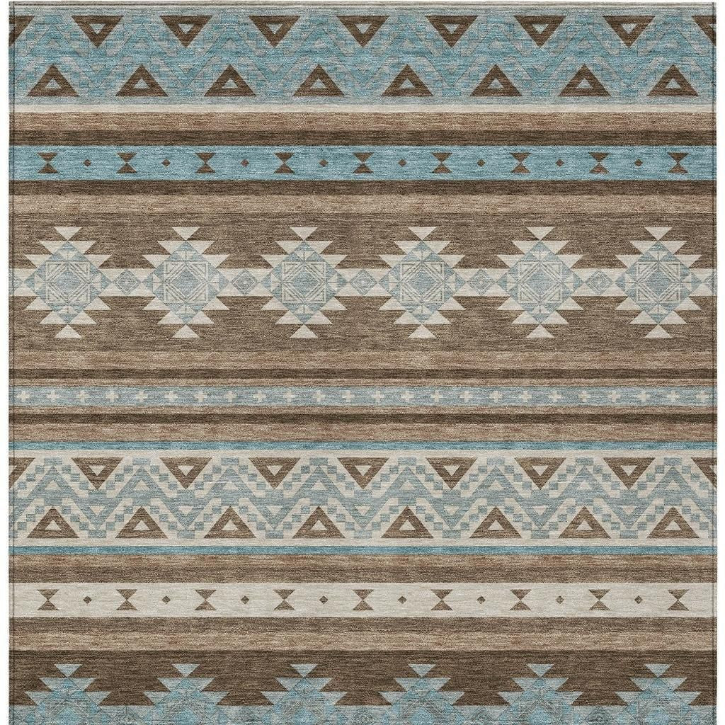 5' X 8' Chocolate And Teal Blue Southwestern Washable Indoor Outdoor Area Rug - Outdoor | blocked-missing-media,…