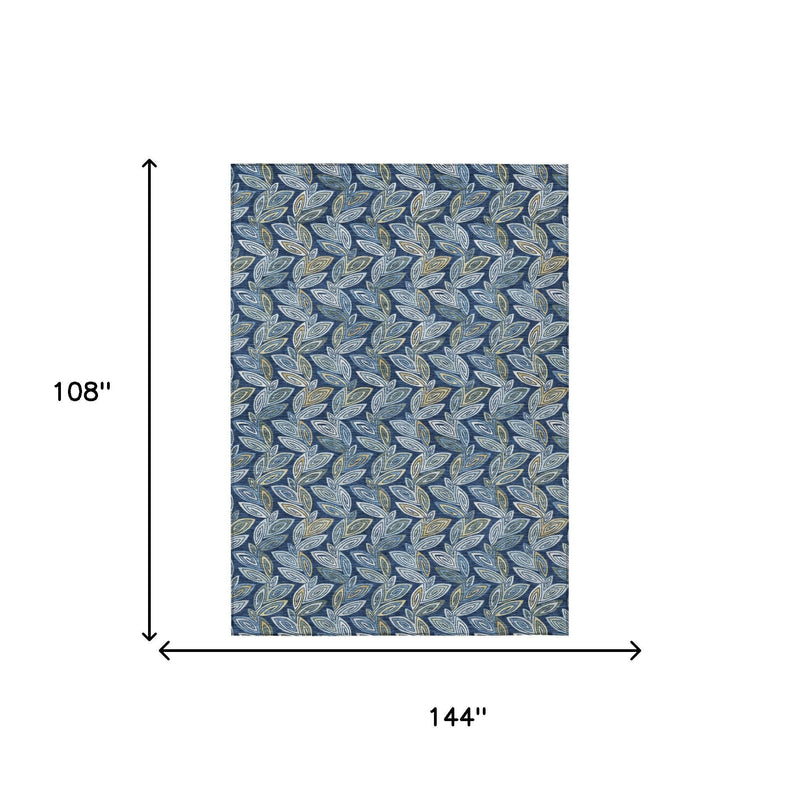 Area rug dimensions graphic: 144 in wide by 108 in long, navy leaf pattern.
