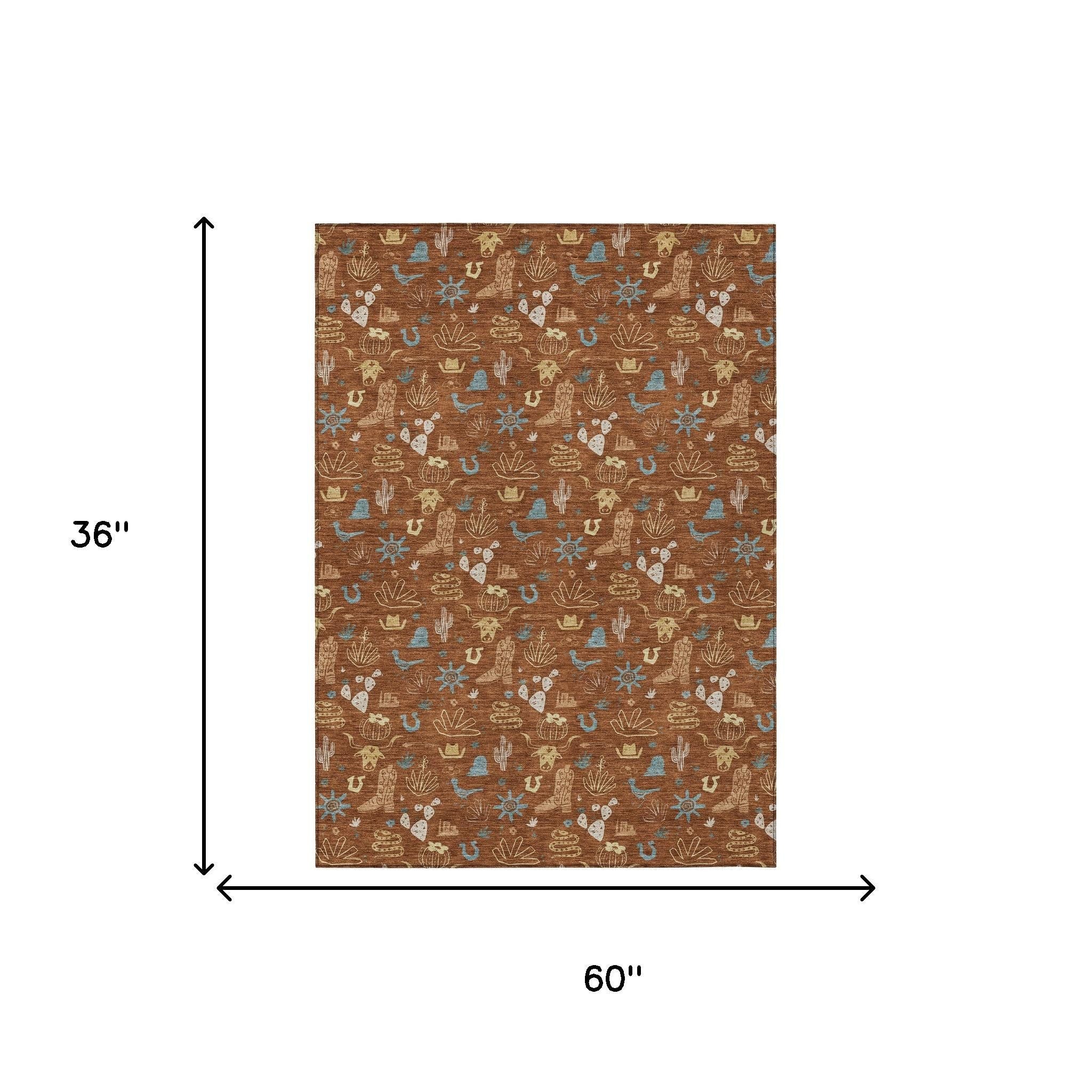 3' X 5' Orange And Copper Cactus Washable Indoor Outdoor Area Rug - Sports & Outdoor