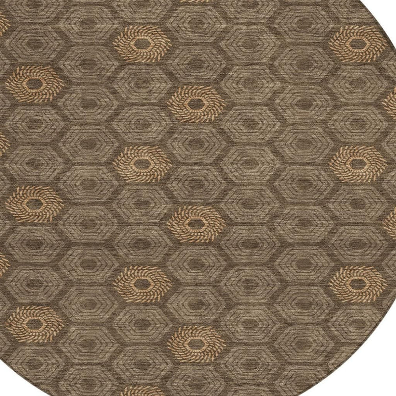 Round area rug with hexagon geometric pattern and tan spiral medallion motifs