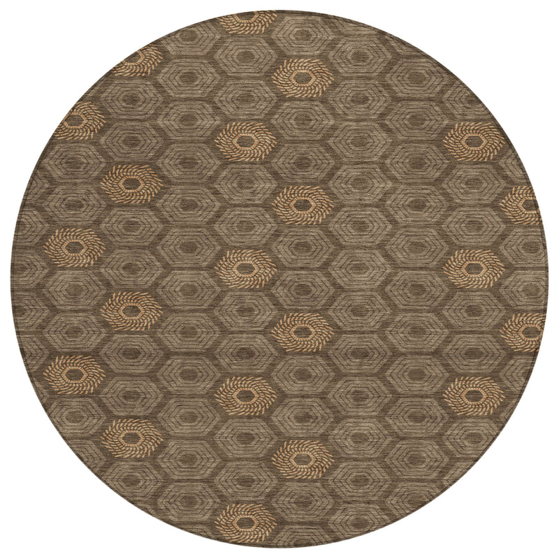 Round geometric area rug with gray base and tan-brown medallion design