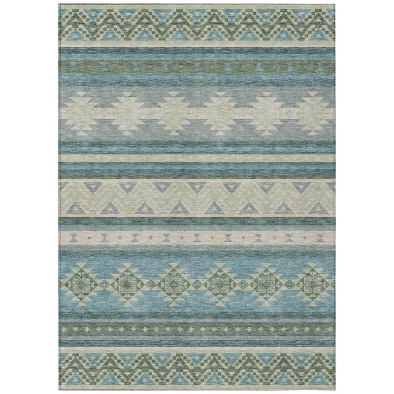 Teal blue, gray, and beige area rug with stacked tribal medallion pattern.