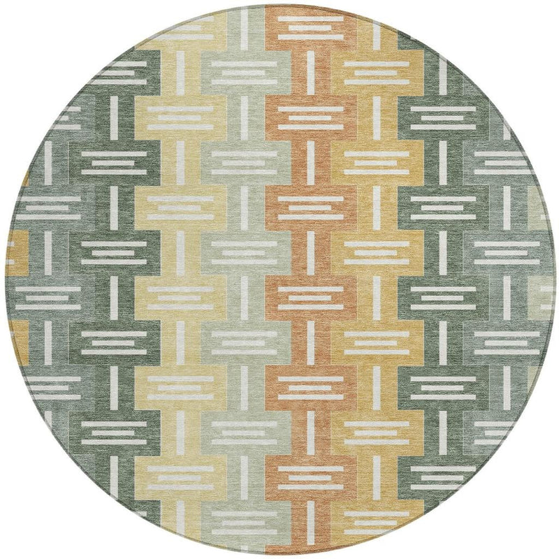 Round area rug with dark green and tan geometric bar pattern, bordered edge