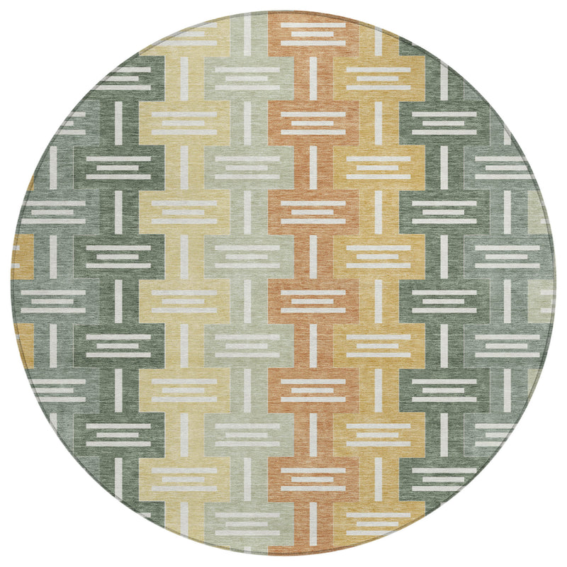 Round area rug featuring green, tan, and gold geometric stripe blocks