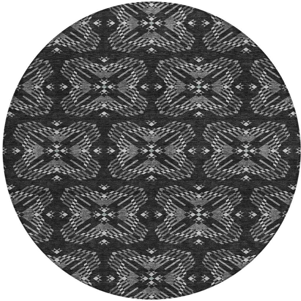8' Black And Gray Round Geometric Washable Indoor Outdoor Area Rug - Outdoor | blocked-missing-media, blocked-out-of-stock,…