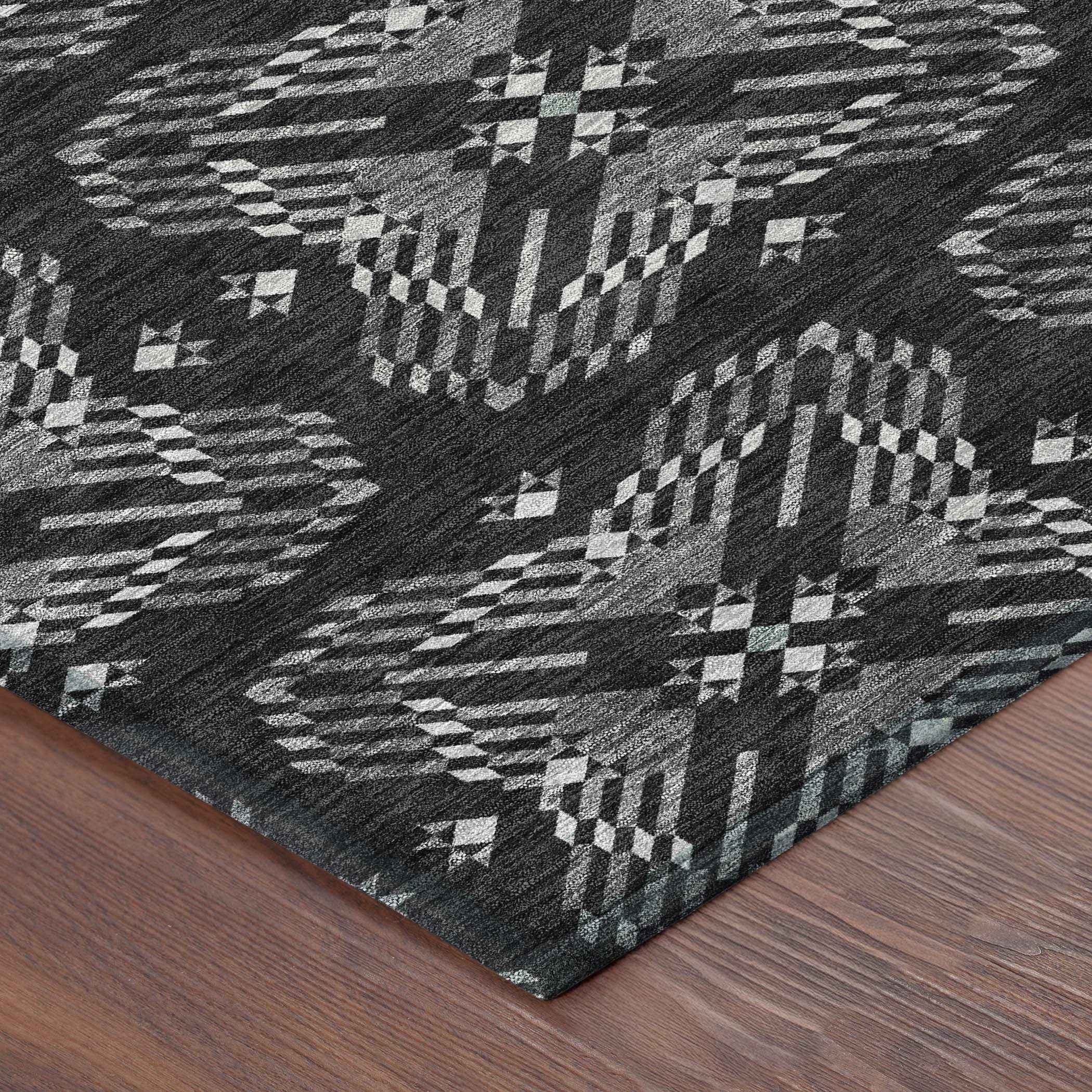 8' Black And Gray Round Geometric Washable Indoor Outdoor Area Rug - Outdoor | blocked-missing-media, blocked-out-of-stock,…
