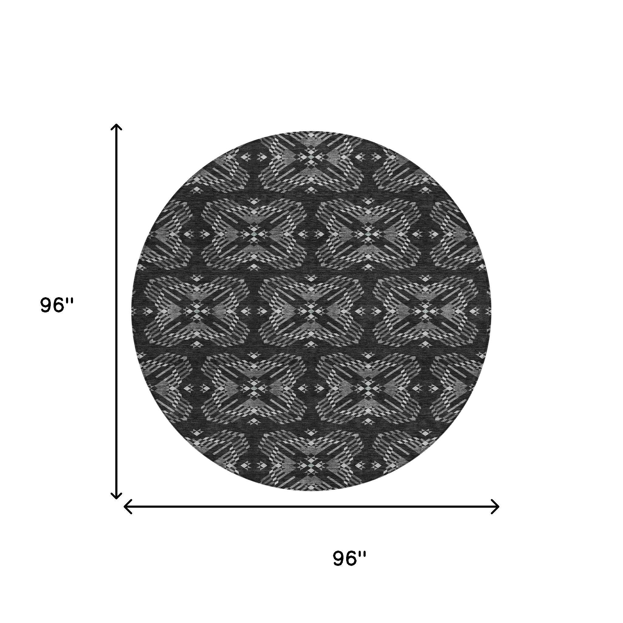 8' Black And Gray Round Geometric Washable Indoor Outdoor Area Rug - Outdoor | blocked-missing-media, blocked-out-of-stock,…