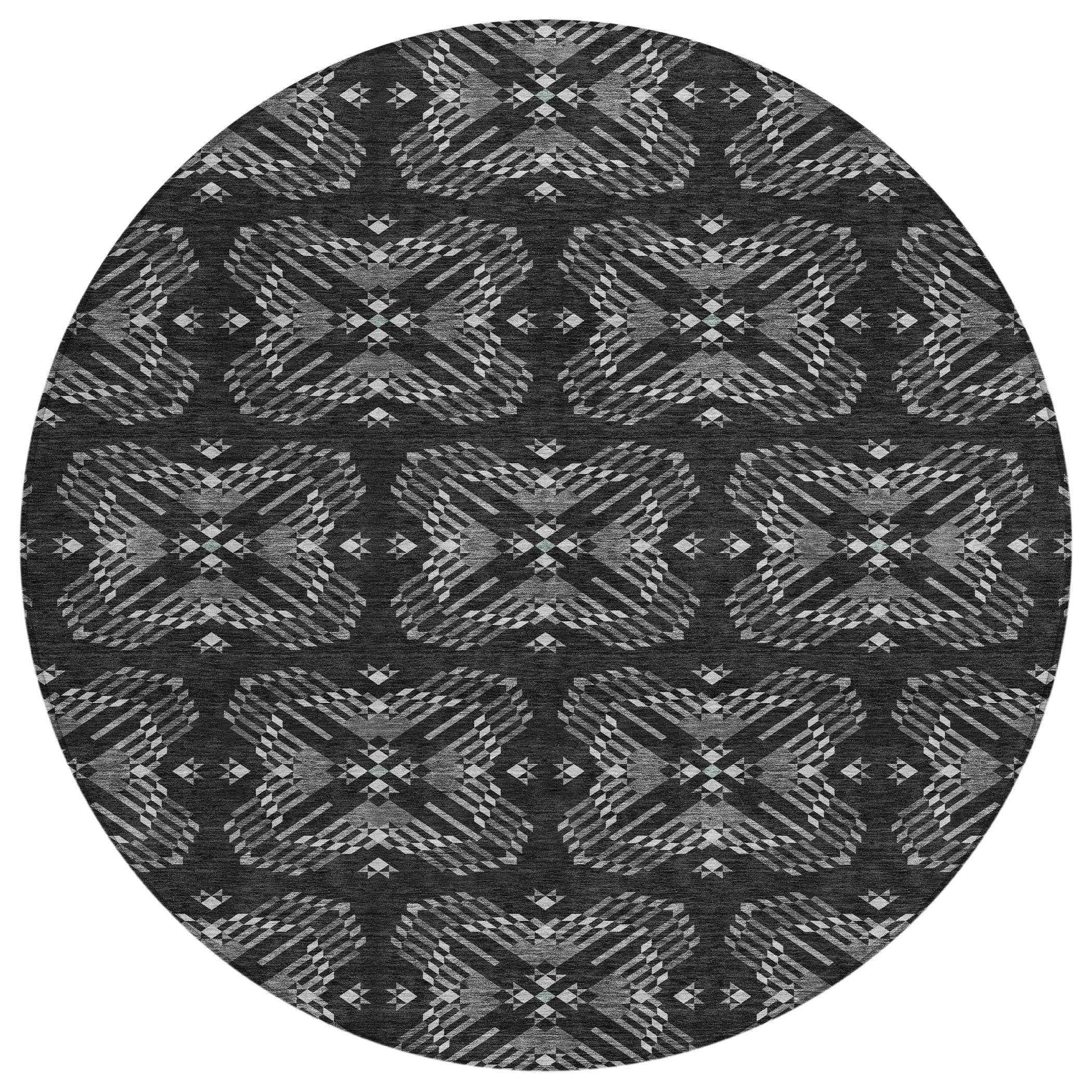 8' Black And Gray Round Geometric Washable Indoor Outdoor Area Rug - Outdoor | blocked-missing-media, blocked-out-of-stock,…