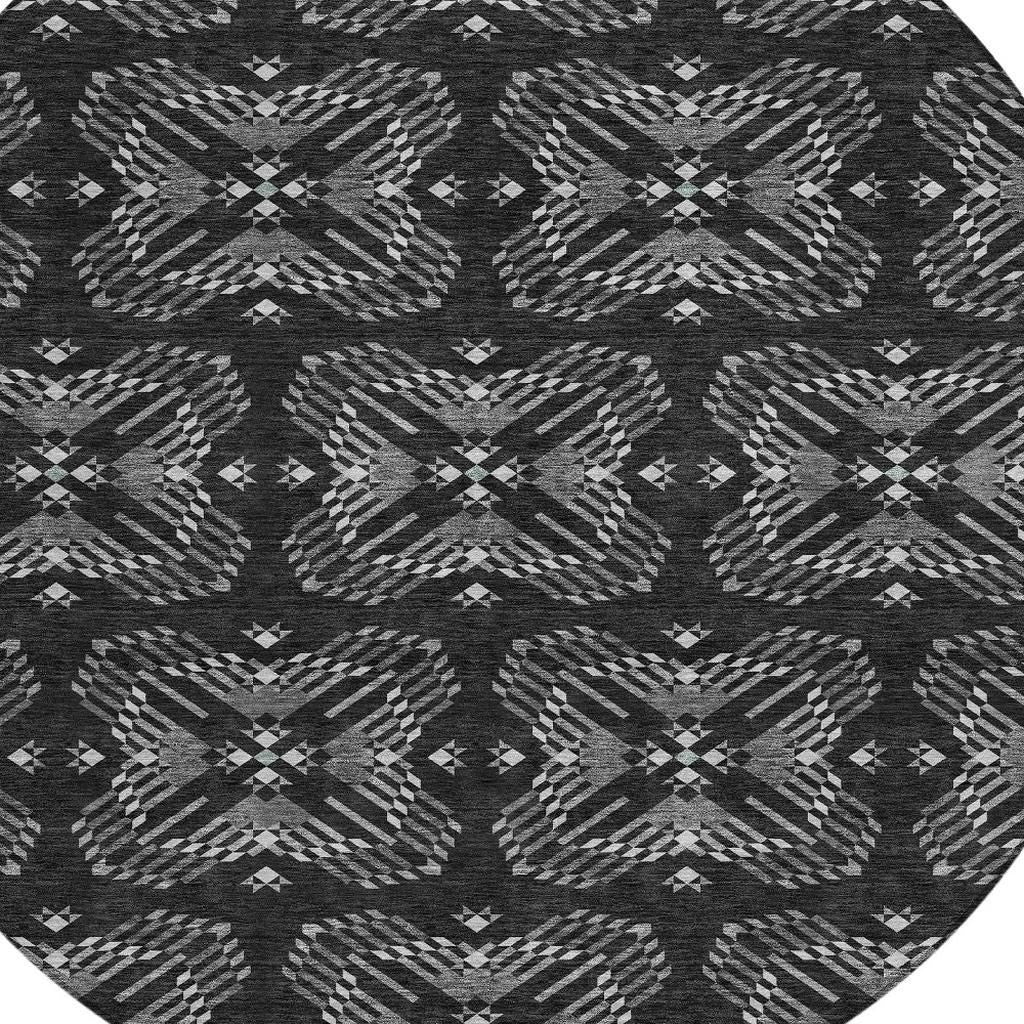 8' Black And Gray Round Geometric Washable Indoor Outdoor Area Rug - Outdoor | blocked-missing-media, blocked-out-of-stock,…