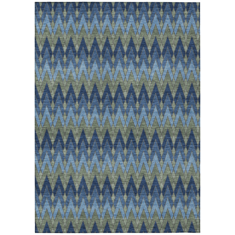Blue and green chevron geometric area rug with woven texture, full view