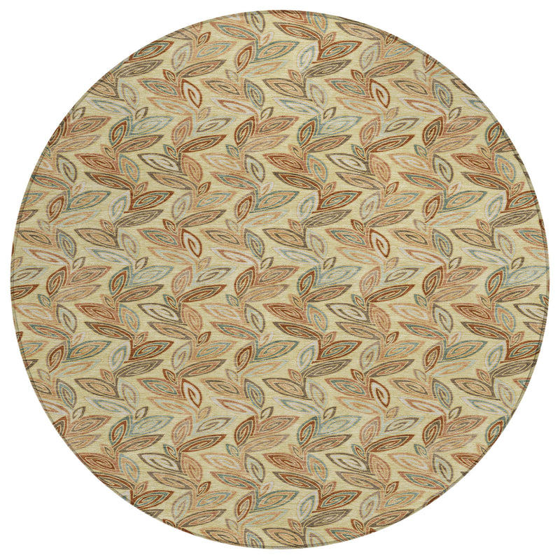 Round washable indoor outdoor area rug with botanical leaf medallion pattern