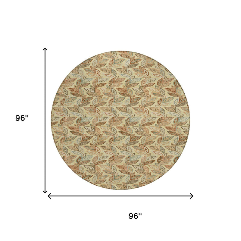 96-inch round botanical leaf area rug in wheat with multicolor leaf pattern