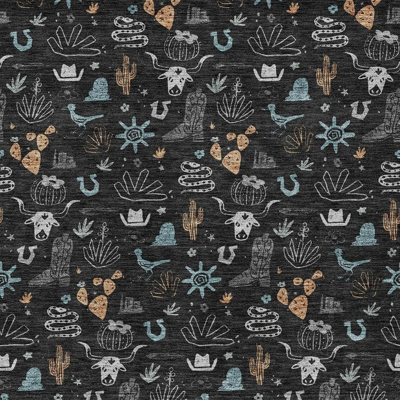 Black indoor outdoor area rug with teal cactus and assorted desert icon pattern