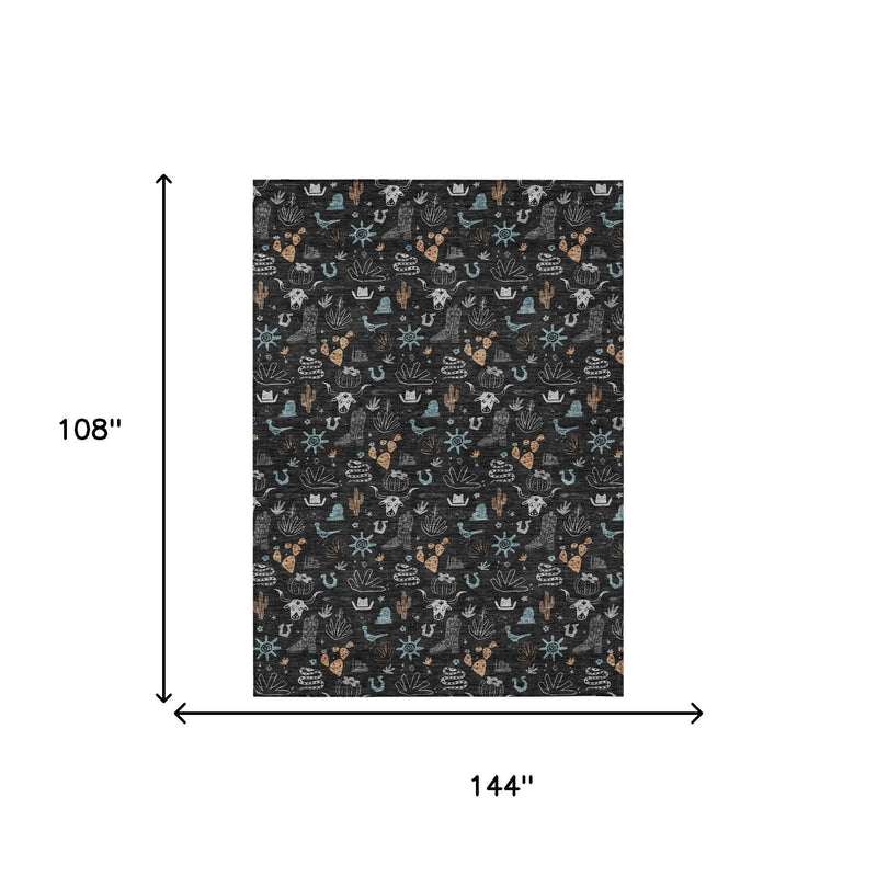 Rectangular black area rug with cactus icon pattern, 108 in by 144 in