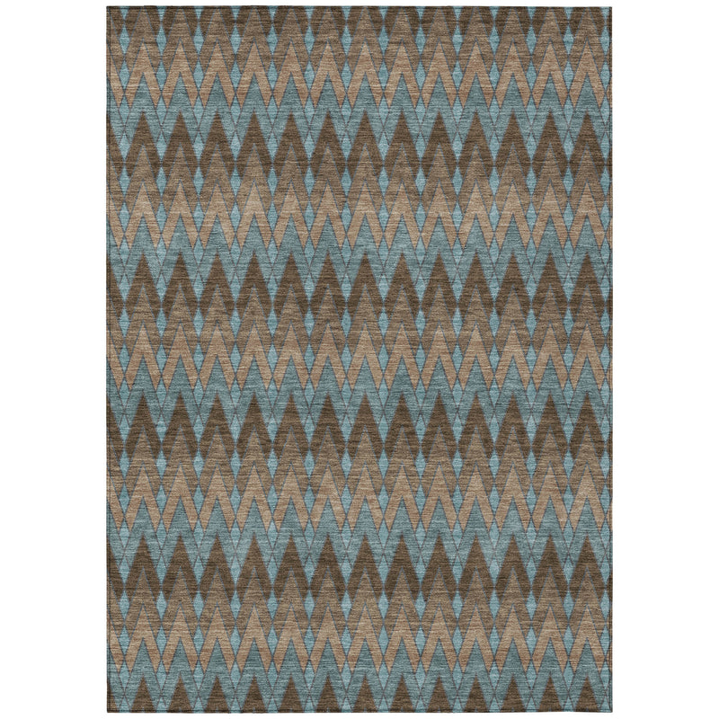 Blue and brown geometric area rug with repeating chevron zigzag pattern