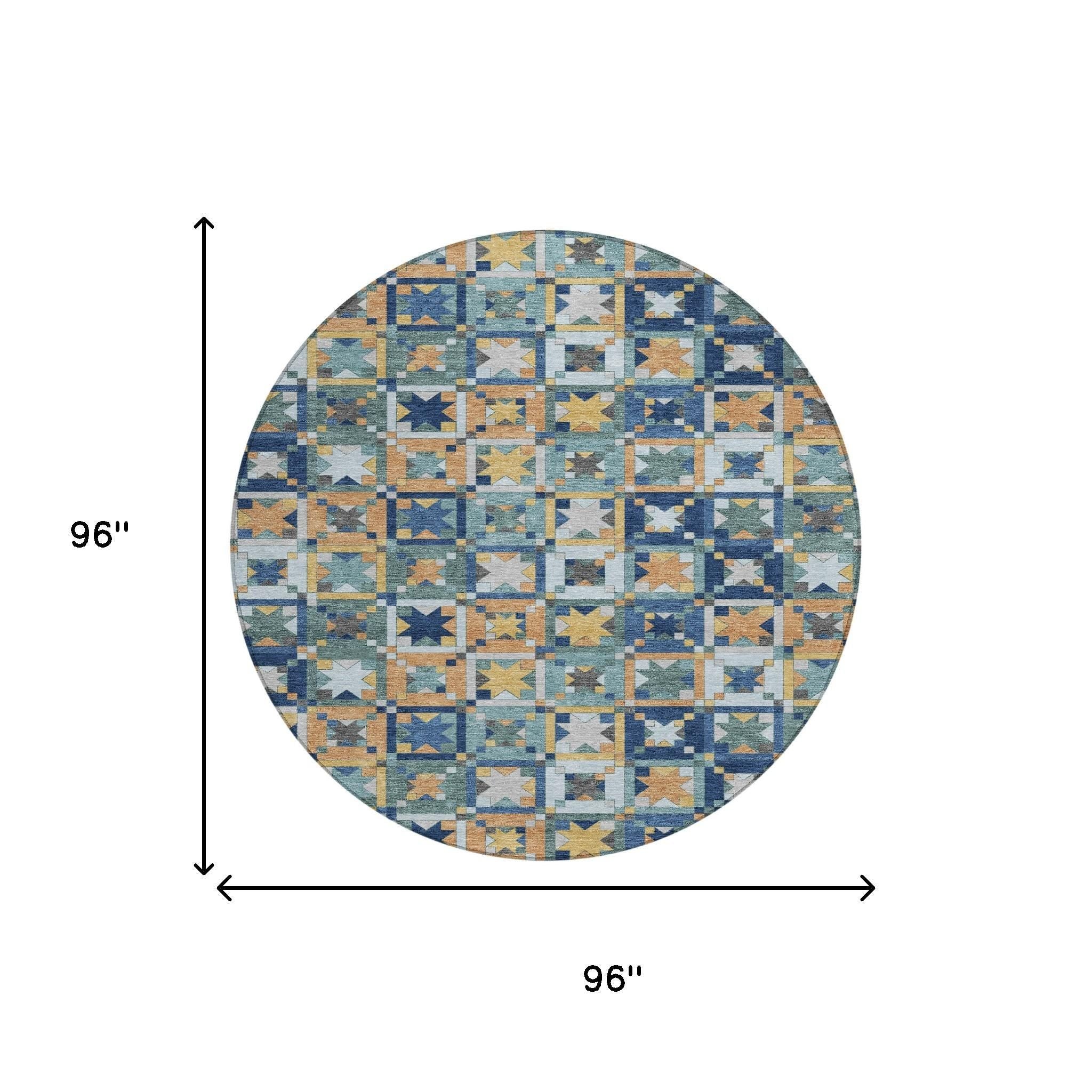 8' Teal Blue And Copper Round Patchwork Washable Indoor Outdoor Area Rug - Sports & Outdoor